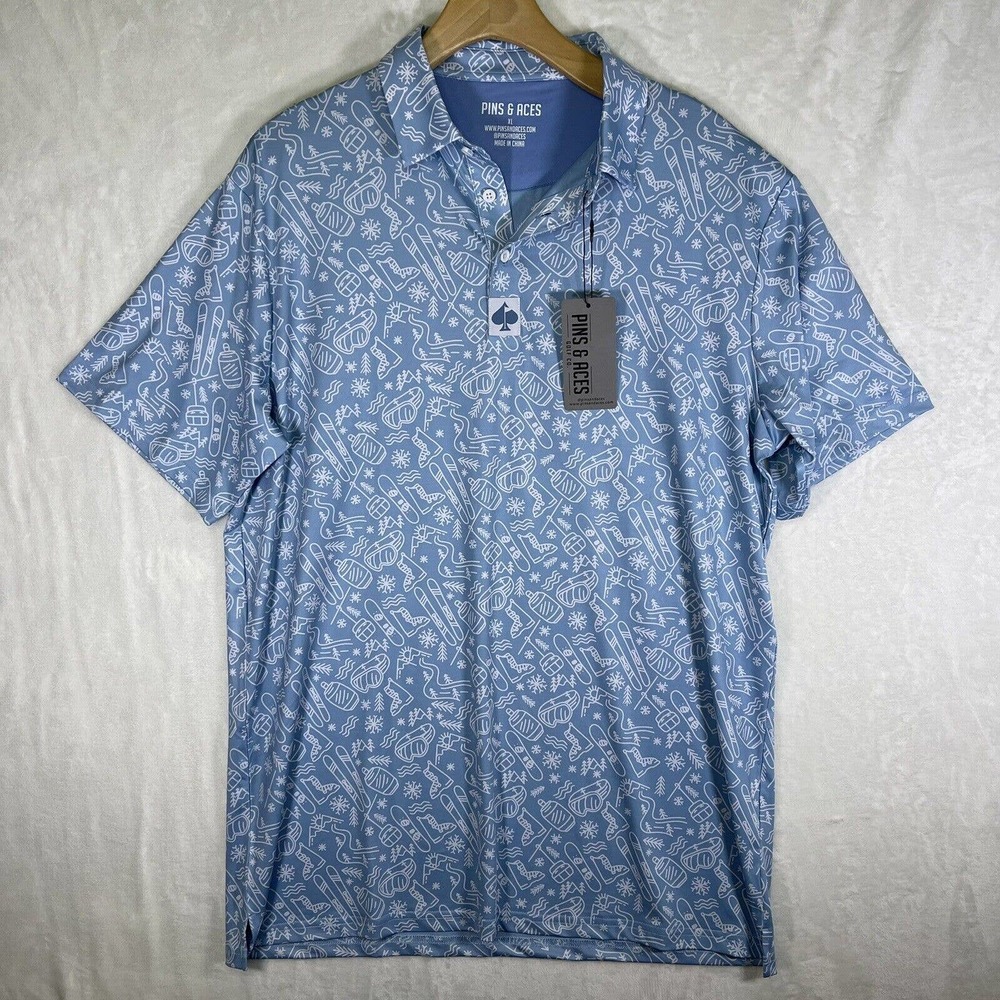 NWT Pins & Aces Mens XL Winter Break Golf Short Sleeve Button Polo Shirt